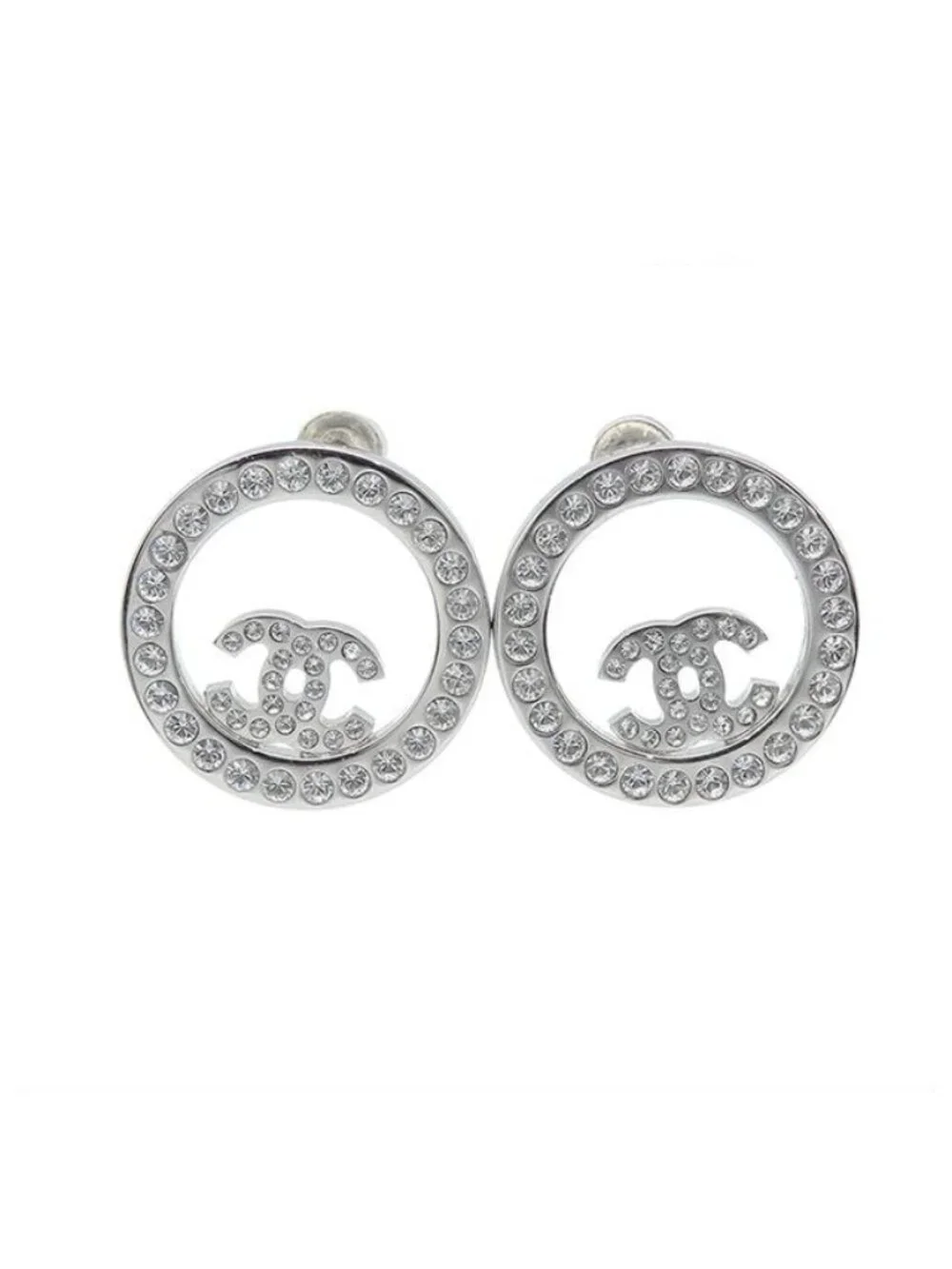 Chanel Earrings Silver Metal Rhinestone CC Logo